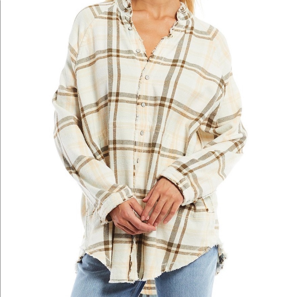 Free People Summer Daydream Button Down Shirt - Tan Brown Combo Plaid